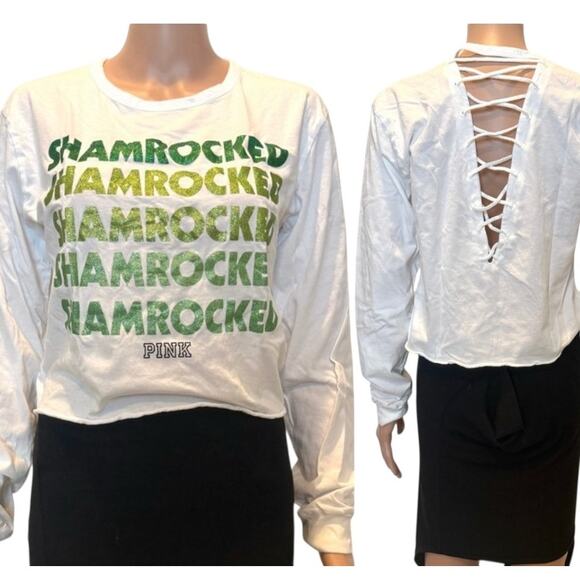VS Pink Shamrocked glitter graphic lattice caged back tee TLS1 2850 - Picture 1 of 15